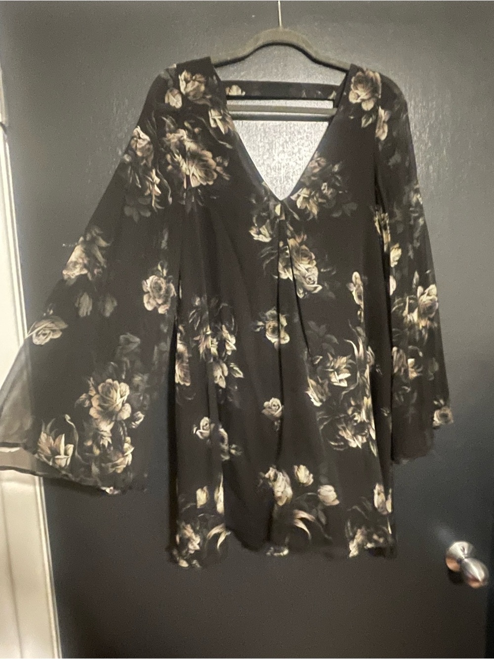 Chaser Black Mini Bell Sleeve Dress with Cream Floral Print